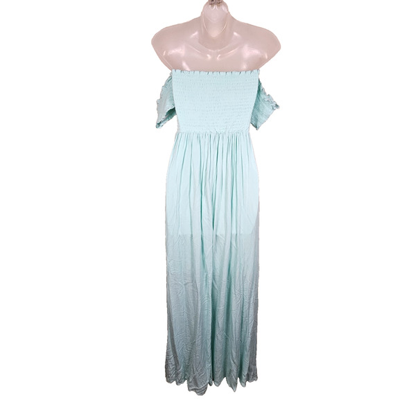 Venus Smocked Off Shoulder Maxi Dress Mint Aqua Cottage Long Beachy Romantic 2 - Picture 10 of 16